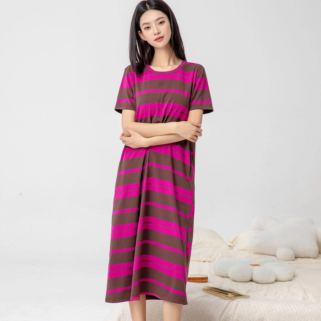 夏天棉质凉感睡衣出门款带胸垫一体睡裙女圆领显瘦夏季家居服女