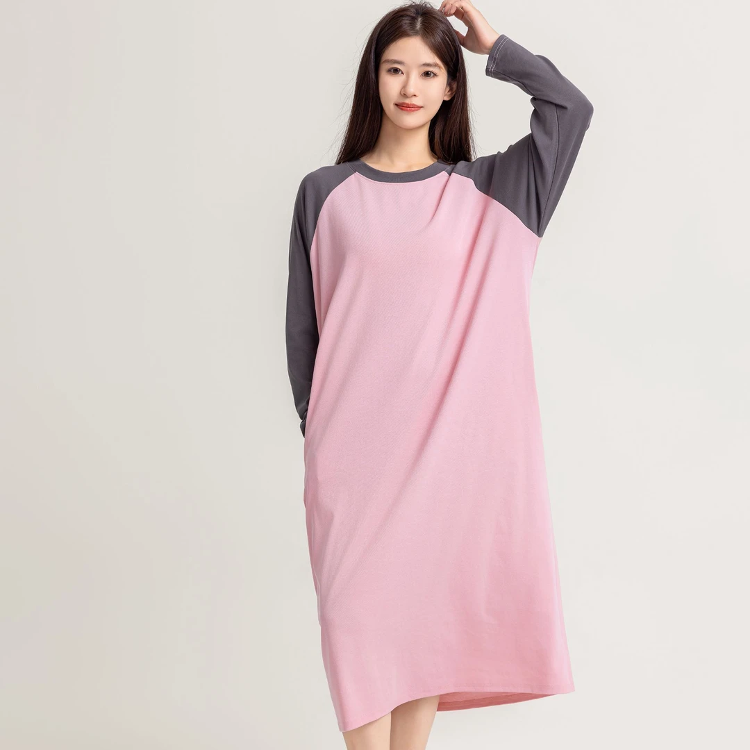 纯色拼接睡裙女款春秋季2024新款 宽松长袖睡衣秋款可外穿家居服