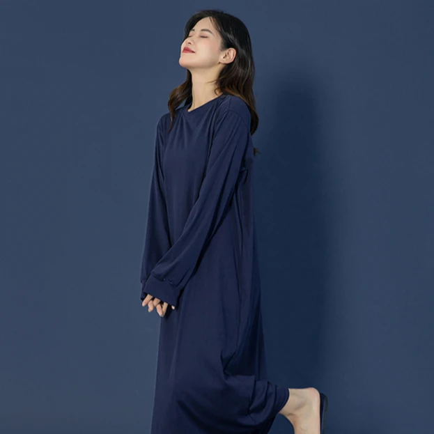 灰色睡裙秋冬女款纯色高弹新款长袖大码蓝色睡衣长款家居服可外穿