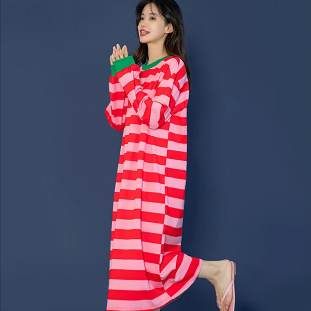 条纹睡衣秋冬女款睡裙纯棉大码长袖长款秋款家居服秋装时尚成人