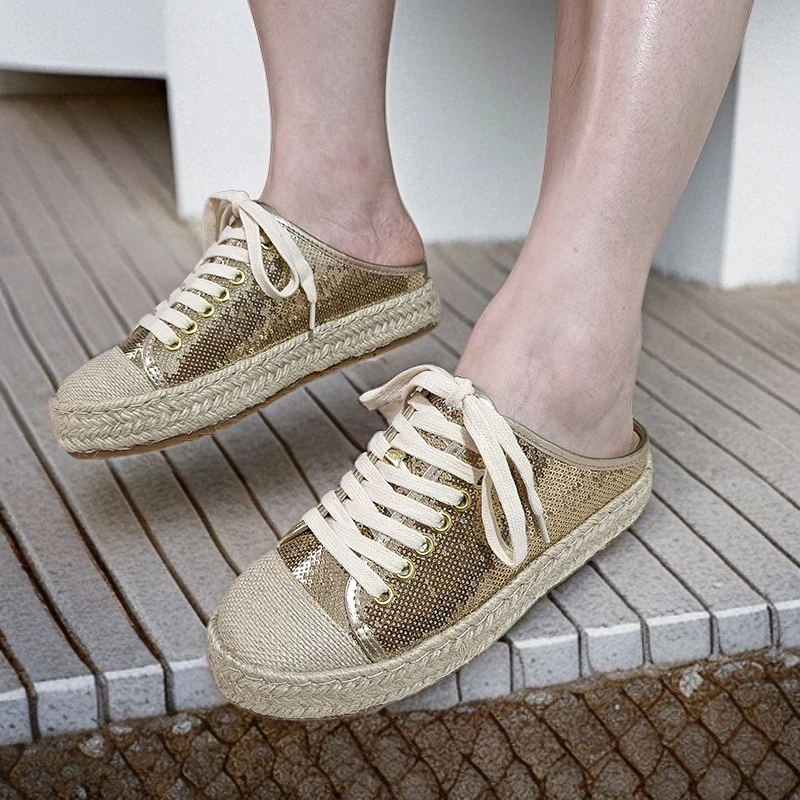 断码特价亮片包头半拖鞋女外穿欧货麻绳渔夫鞋真皮厚底懒人凉拖女