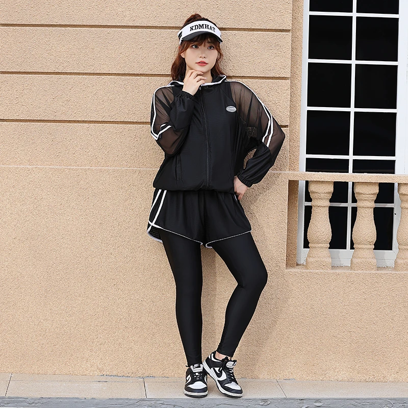 大码泳衣女显瘦长袖健身休闲透气连帽宽松速干网红时尚户外春季