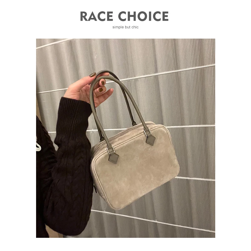 RACE CHOICE 羽毛包小众时尚设计高级感百搭灰色通勤手提包小方包