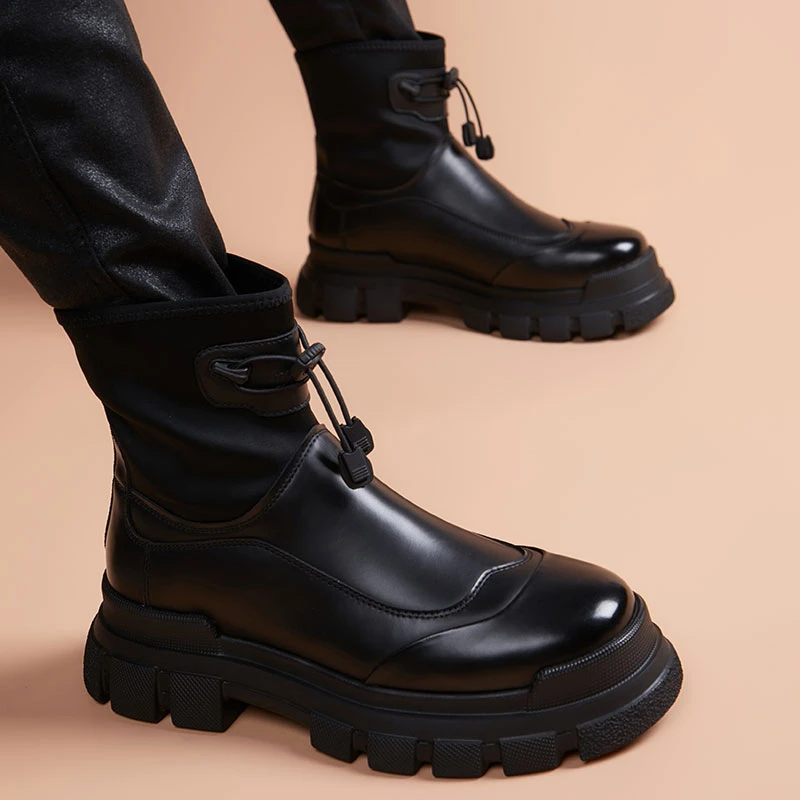 马丁靴男时尚休闲靴户外机能风黑色厚底内增高短靴子男高帮鞋