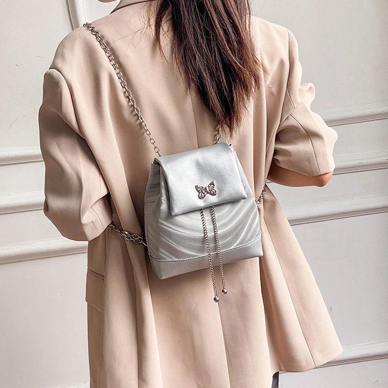 双肩包女款爆款洋气新款迷你小书小包包银色包女二合一双肩斜挎包