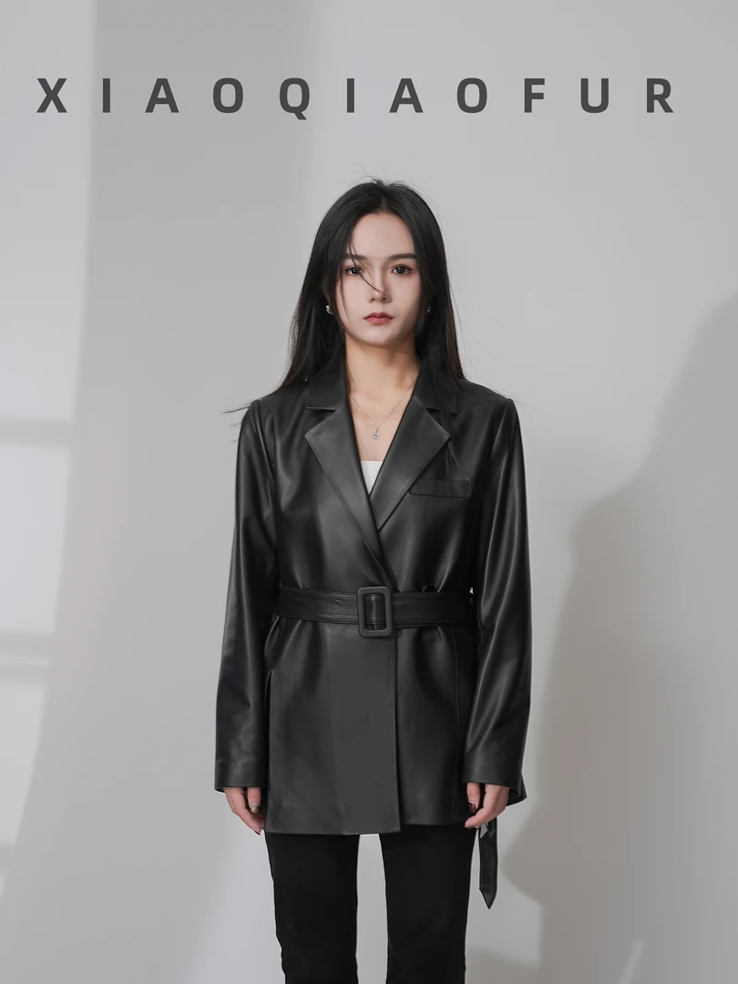 高端轻奢女装真皮绵羊皮羊皮阔版西装领宽松外套8368中长款皮衣