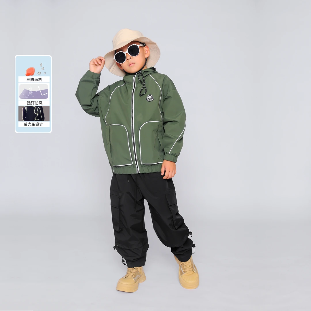 2023新款春秋S2065儿童三防连帽中大童避险夹克风雨衣风衣冲锋衣