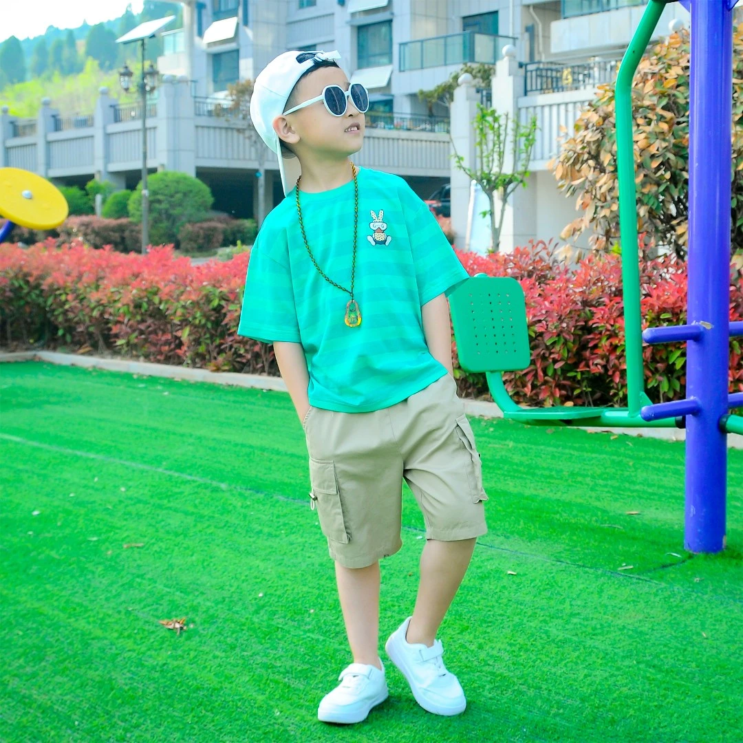 2023夏季新款T2020儿童全棉超薄透气网格洋气休闲短袖短裤套装