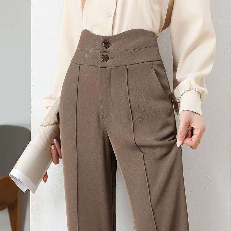 梦舒雅咖色西装裤女春秋高腰垂坠感拖地窄版阔腿裤直筒休闲裤