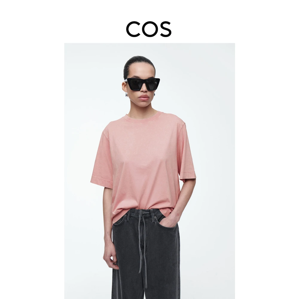 COS女装 宽松版型圆领水洗纹理T恤薄雾粉2024夏季新品1238163002