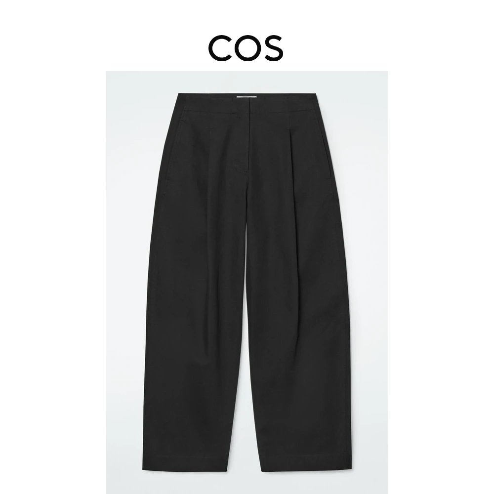 COS女装 标准版型桶形褶裥斜纹奇诺裤黑色西裤1215461003