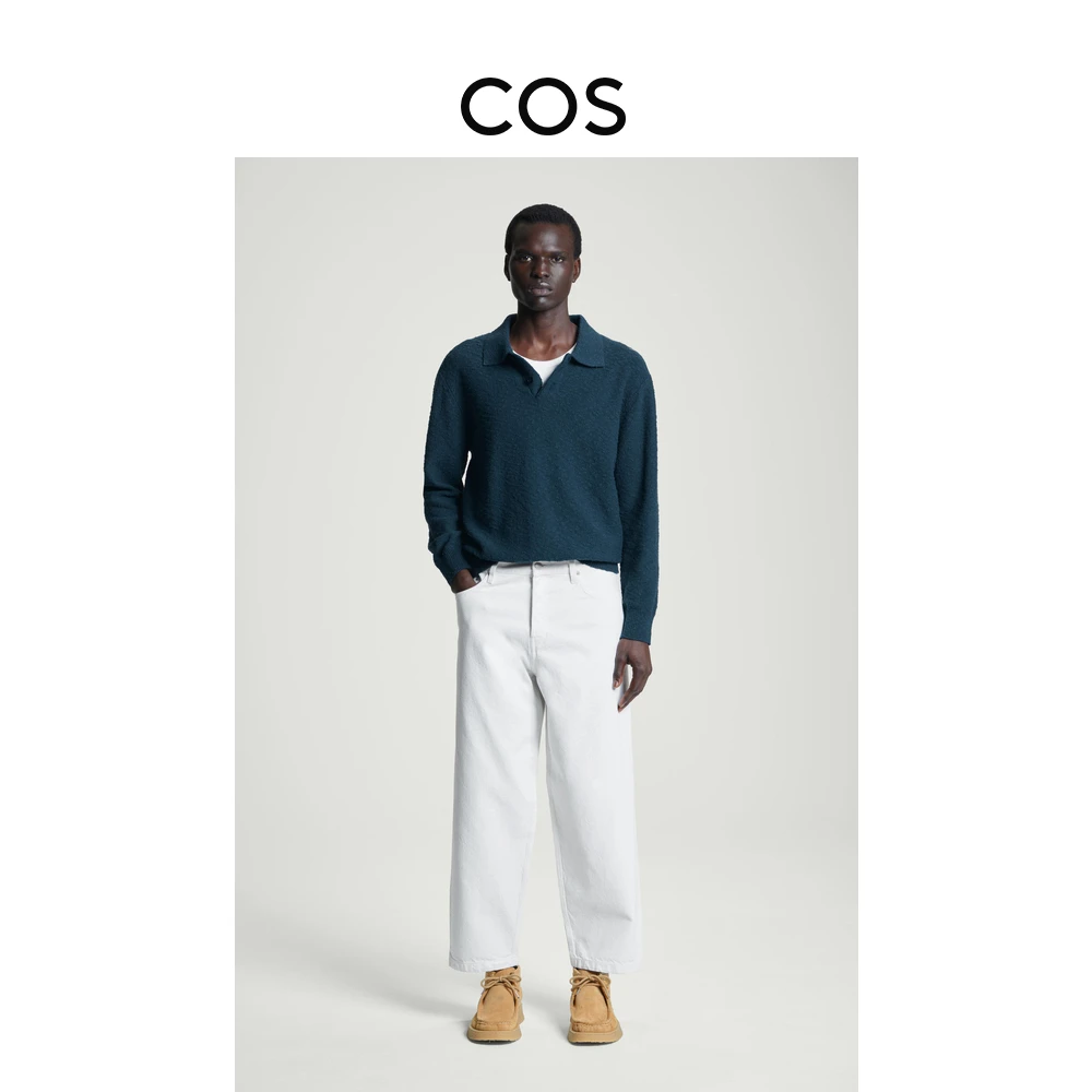 COS男装 休闲版型珠毛呢长袖POLO衫藏青1242552002
