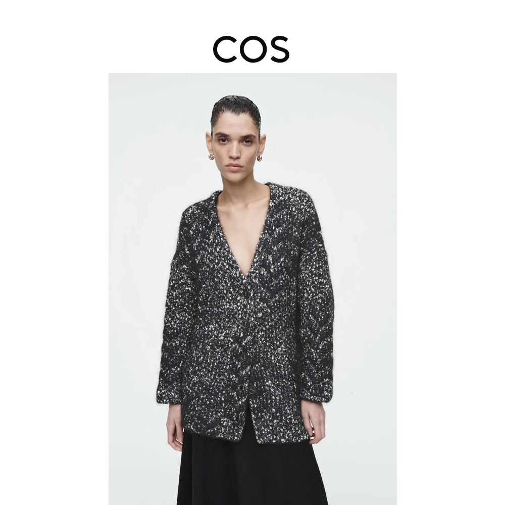 COS女装 宽松版型人字纹理混纺开衫黑色2024秋季新品1243643001