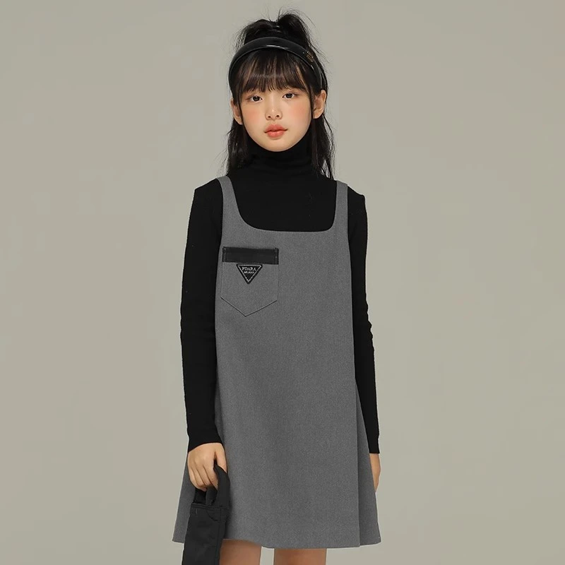 小女森女童秋冬高级呢子气质背心裙中大童灰色无袖洋气A字裙子女