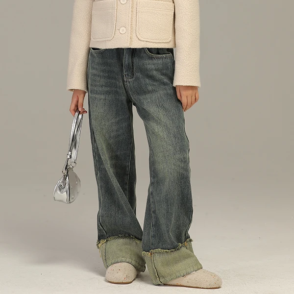 小女森女童秋冬复古蓝翻边阔腿牛仔裤儿童宽松做旧个性卷边裤子潮