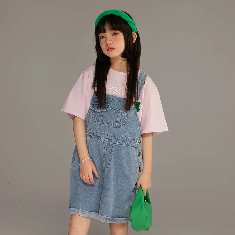 女童牛仔裤童装夏装新款背带裤中大童洋气时髦裤子春夏短裤