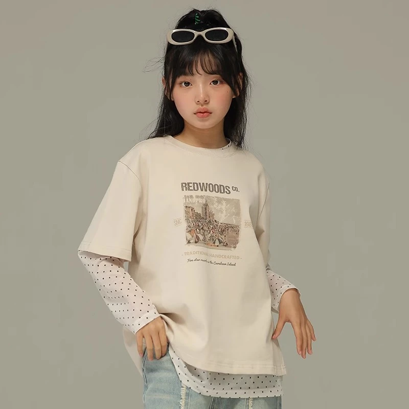 小女森女童春夏复古涂鸦印花T恤儿童杏色宽松oversize慵懒短袖女