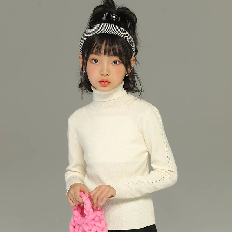 女童秋冬高弹力百搭高领打底毛衣中大童洋气套头长袖针织衫