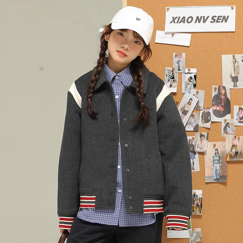 小女森女童秋冬厚呢子撞色棒球服儿童复古学院风翻领夹克大童外套