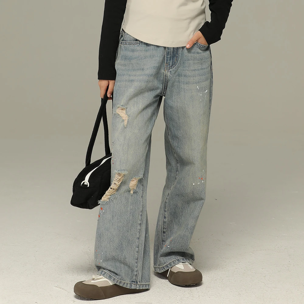小女森女童春秋国潮泼墨直筒牛仔裤儿童复古破洞水洗高腰宽松裤子