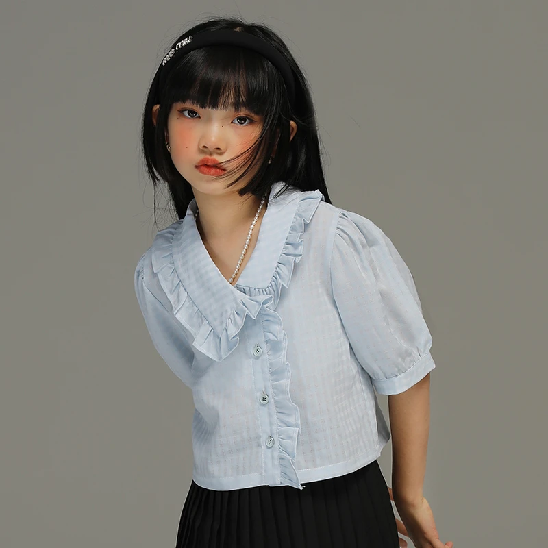 小女森女童夏季薄款活力木耳边气质格子衬衫中大童透气翻领上衣潮