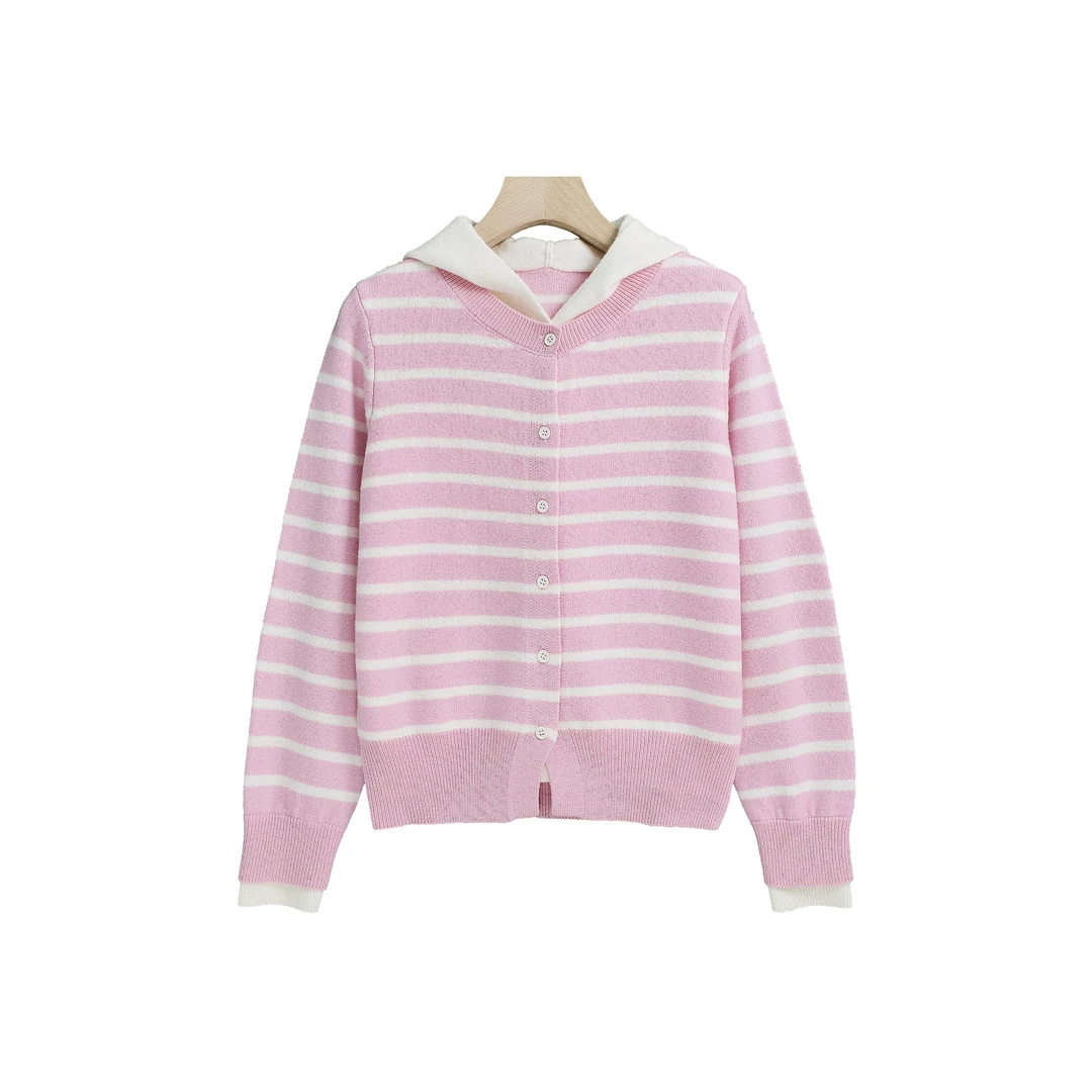 JIUJIU 碧水芙蓉~秋冬时尚百搭条纹连帽针织衫-Y14342