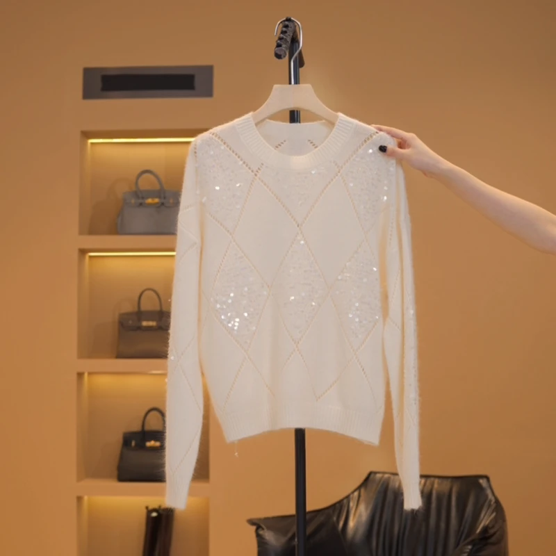 【越越】亮片毛衫~时髦重工亮片菱格针织衫-Y12730-GB