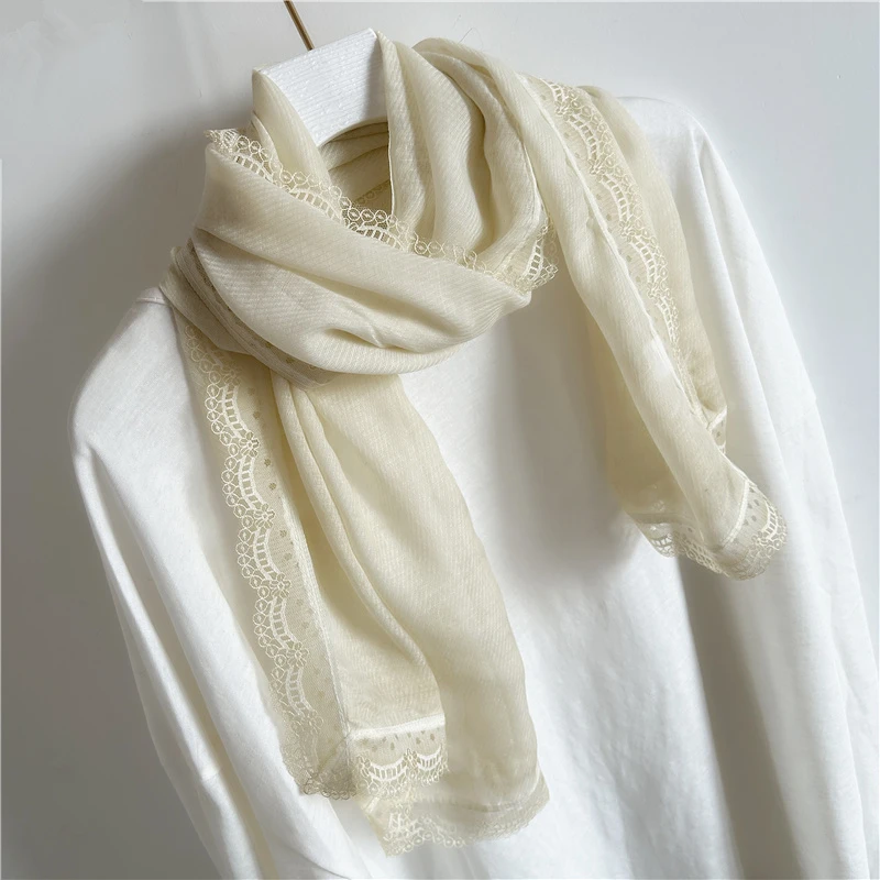 纯色丝巾女百搭春秋围巾棉麻薄款时尚爆款蕾丝秋冬围脖披肩纱巾
