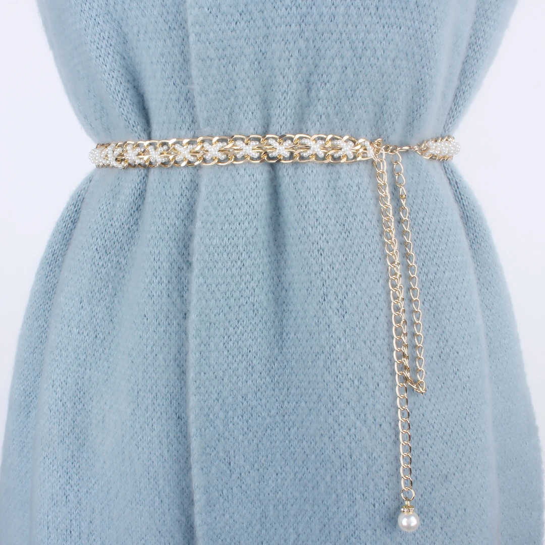 时尚腰链女款装饰连衣裙毛衣收腰珍珠腰带金属链条韩版小香风裙带
