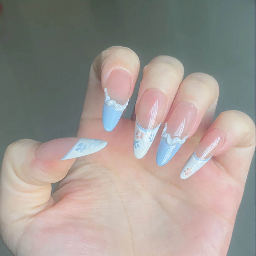 【蓝白法式】芭蕾甲手工穿戴甲中长款渐变蓝色梯形夏季夏日简约