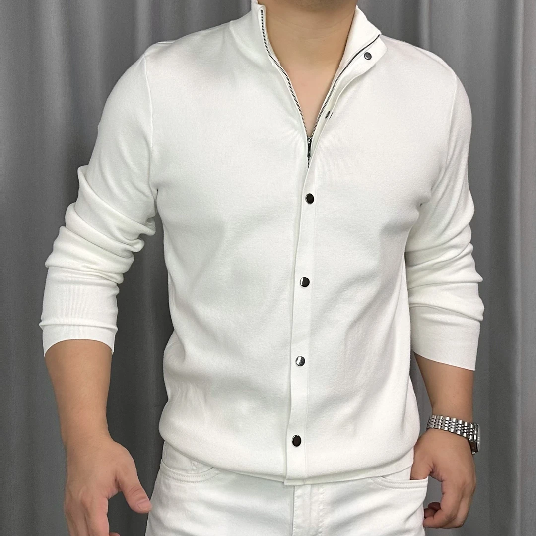 男士原创高品质春秋时尚休闲英伦风简单单排扣立领针织毛衣