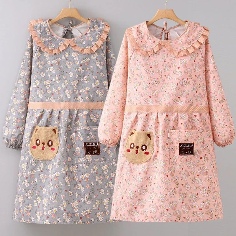 新款长袖帆布围裙女家用厨房做饭防污耐磨娃娃领洋气罩衣女工作服