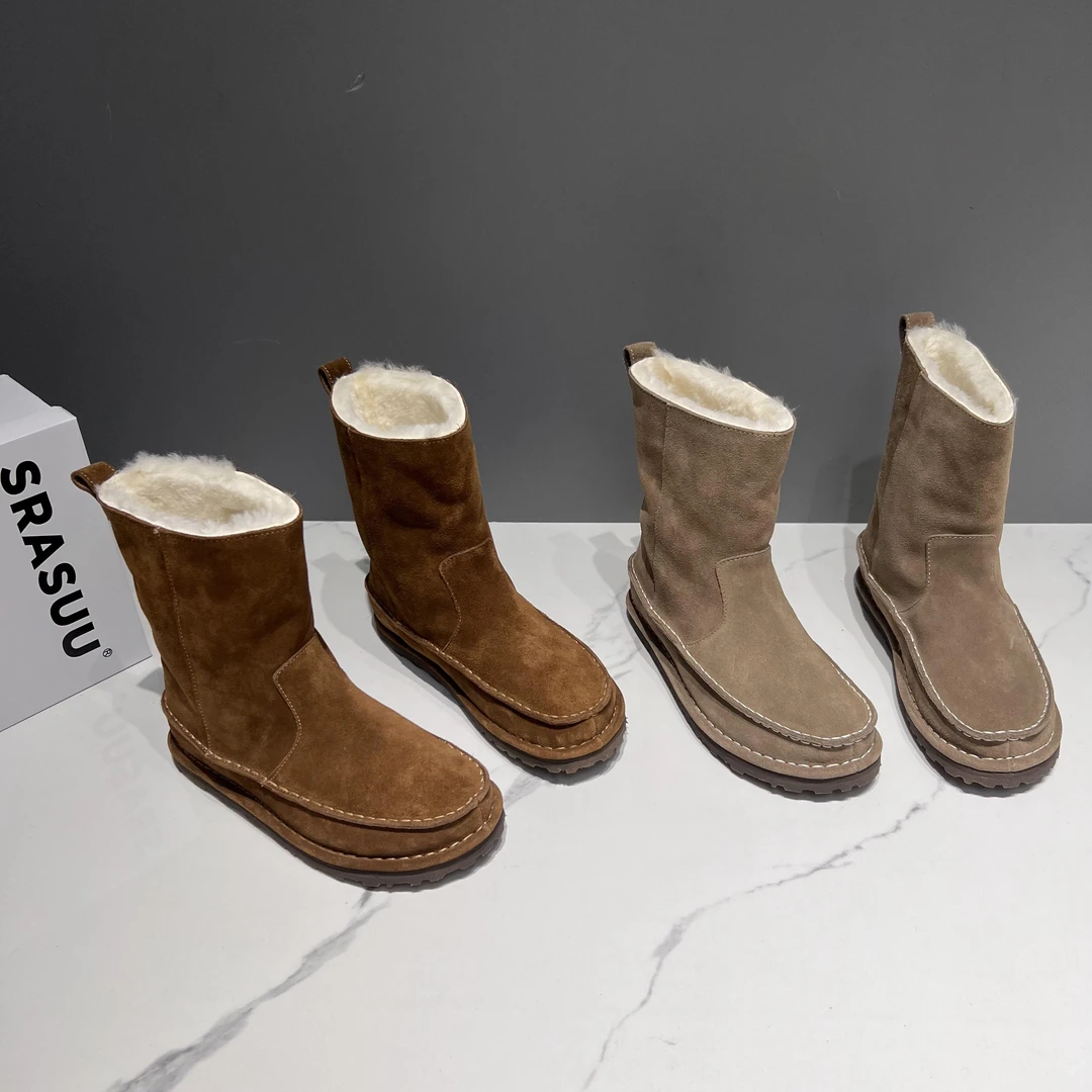 欧货高定2024冬季新品厚底手工羊皮毛一体保暖马丁靴雪地靴短靴