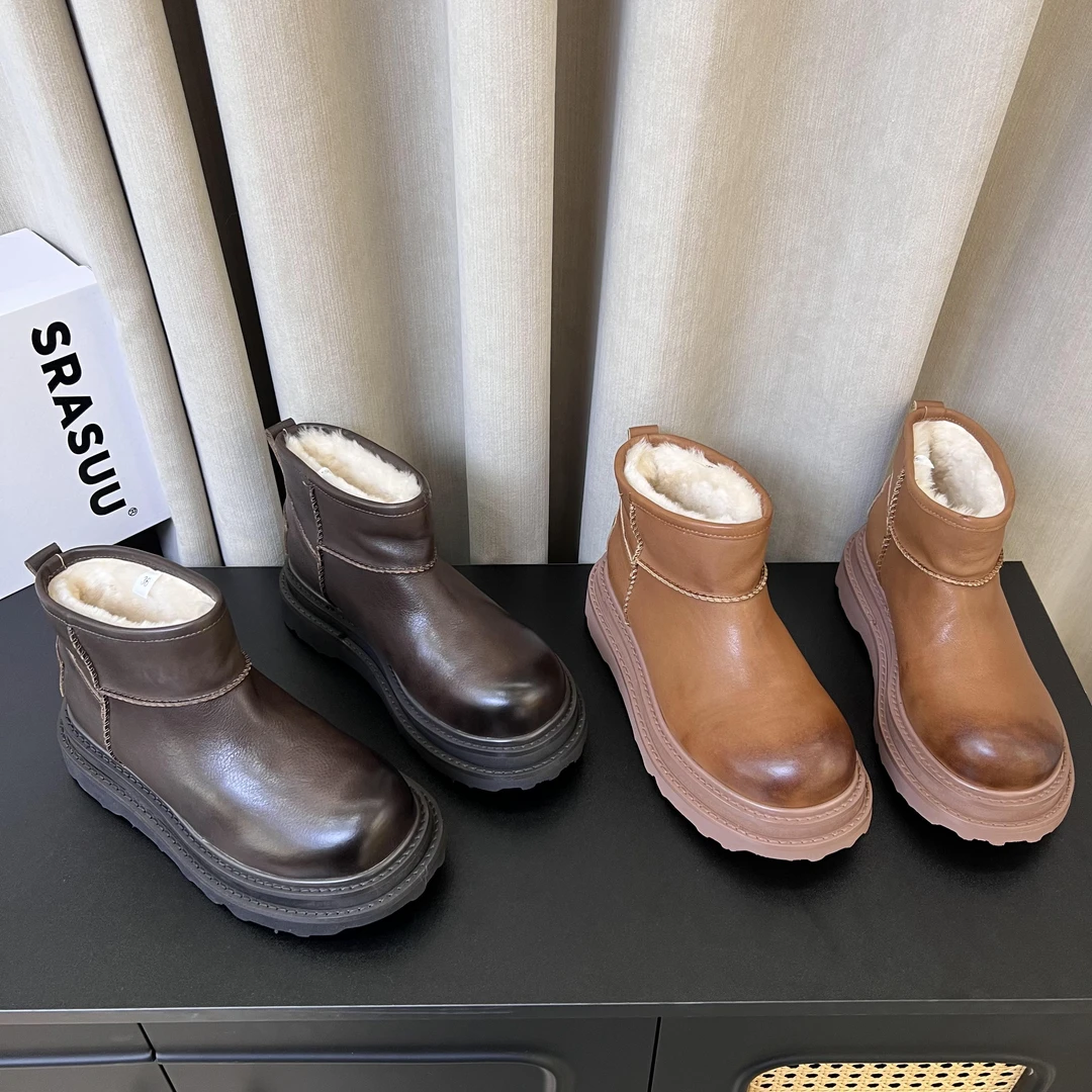欧货真皮女靴2024秋冬新品厚底保暖皮毛一体爆款马丁靴雪地靴短靴