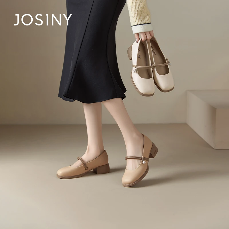 卓诗尼玛丽珍女鞋2024春季新款粗跟软底鞋圆头珍珠一脚蹬高跟单鞋