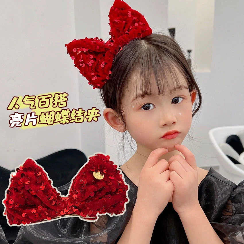 新年红色立体蝴蝶结头饰儿童可爱夹子头饰女童发饰小女孩过年发卡
