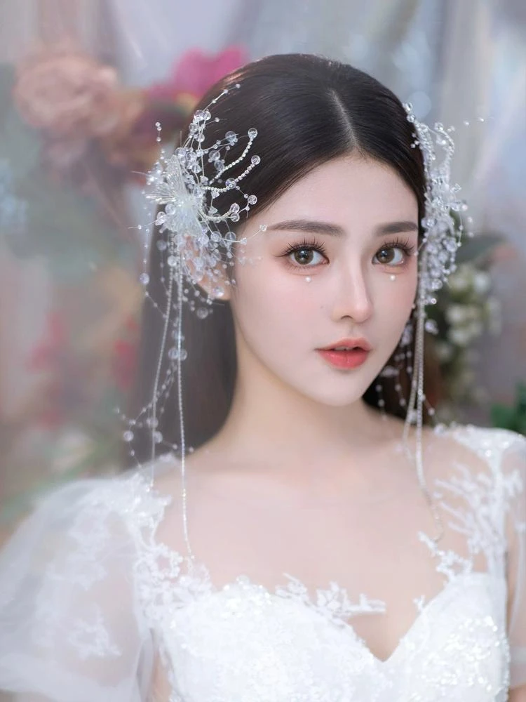 2023新款蝴蝶流苏珠珠发夹女新娘婚纱头饰仙美森系水晶发饰配饰