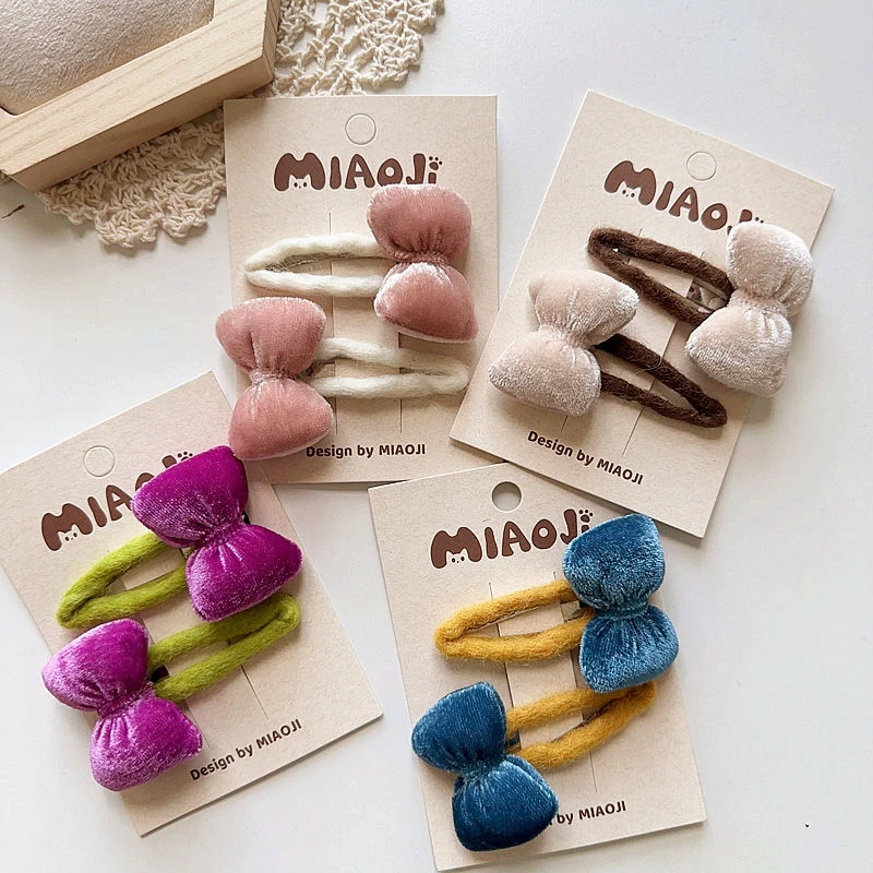 新款秋冬可爱甜美撞色毛毡丝绒蝴蝶结对装儿童女宝BB夹流海夹