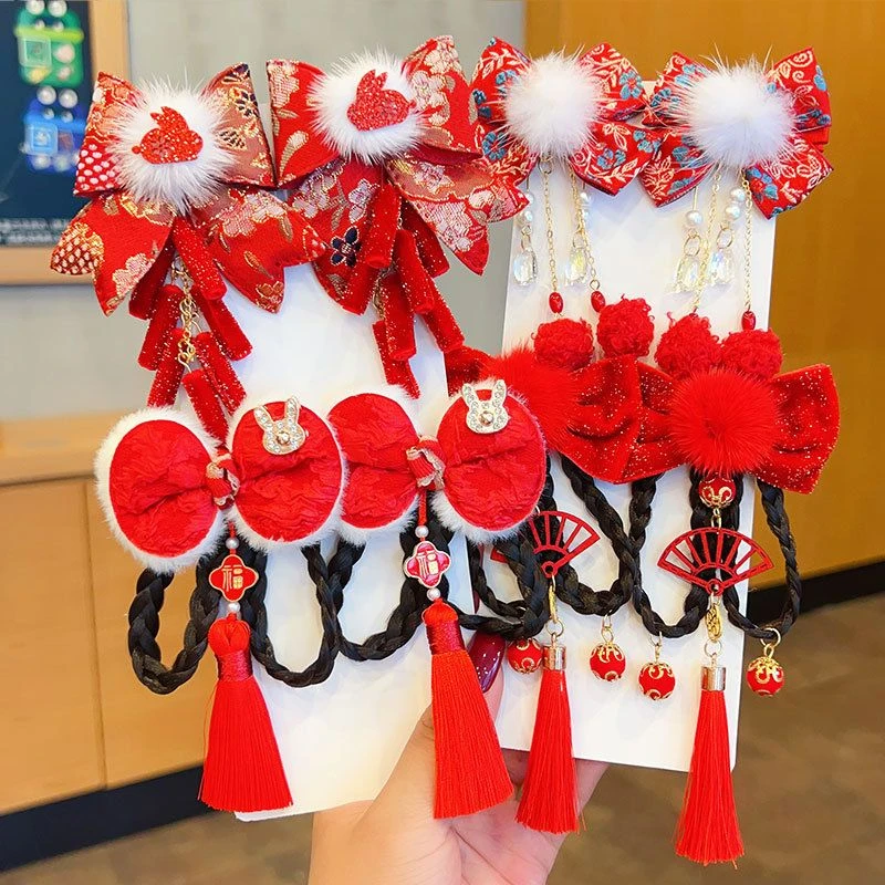 新年发饰儿童小女孩假发辫子流苏发卡女童大红色新年公主古装发饰