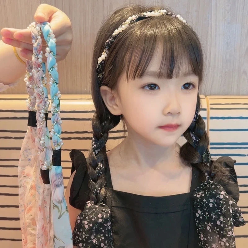 女夏天儿童长条飘带编发头箍2023新款绑发一体压发箍碎花丝巾发带