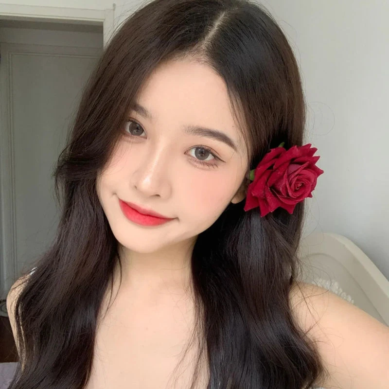 复古红色玫瑰花朵发夹网红写真拍照发饰侧边夹头花饰品女直播配饰