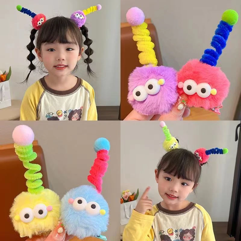 儿童可爱煤球扭扭棒发夹天线丑娃娃小女孩发卡毛球搞怪女童发饰品