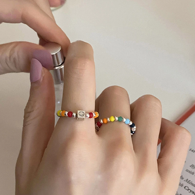 铜合金玻璃戒指 韩国彩色串珠笑脸弹力戒指女小众设计感食指戒ins