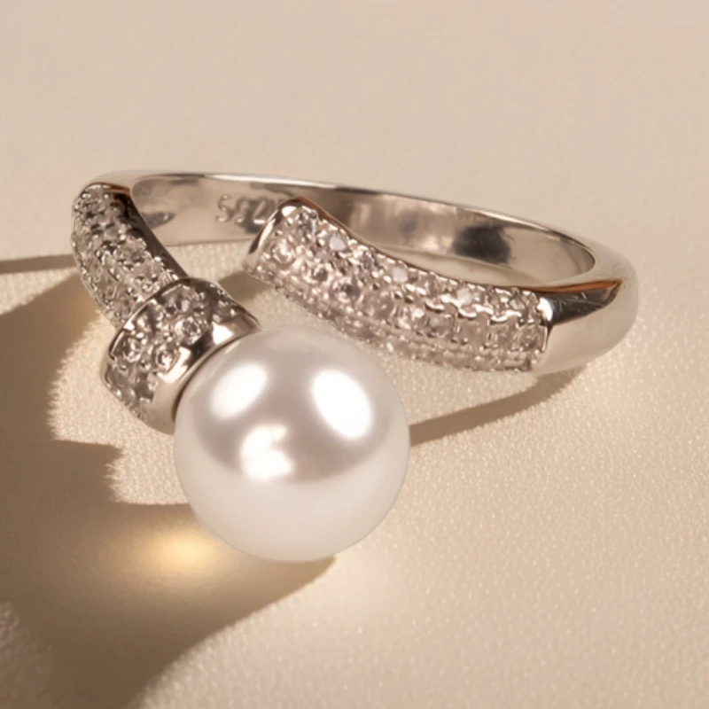 925银戒指 纯银戒指镶钻时尚百搭正圆珠珠戒女可调节指环韩版简约