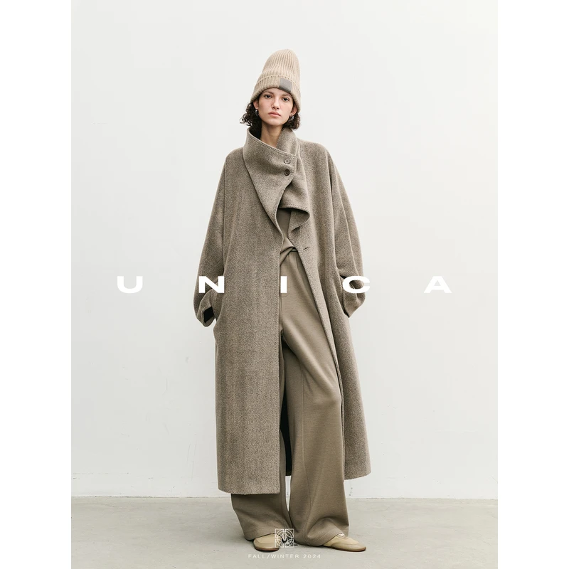 UNICA/中古慵懒优雅_意大利进口提花人字纹立领荡领大衣