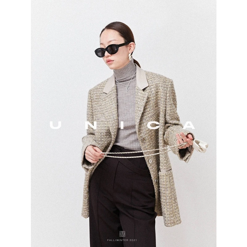 UNICA/Ins爆款_英国进口MOON花呢_拼皮松身廓形西装