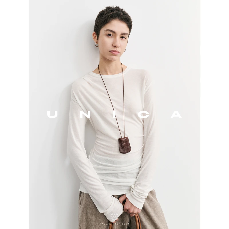 UNICA/不规则捏褶造型_超柔羊毛弹力显瘦修身舒适打底衫T恤