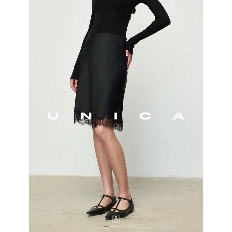 UNICA秀场神器_可机洗抗皱45度斜裁水波醋酸刺绣蕾丝半身裙
