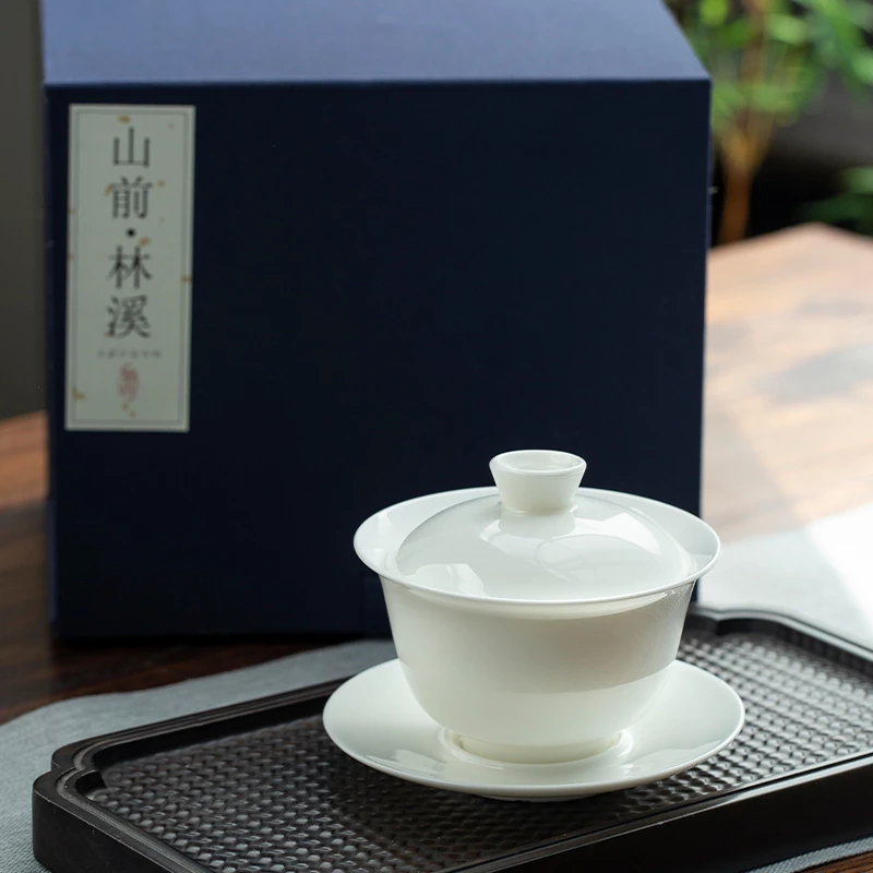 景德镇白瓷盖碗茶具手工套装陶瓷三才盖碗甜白薄胎大号猪油白素烧