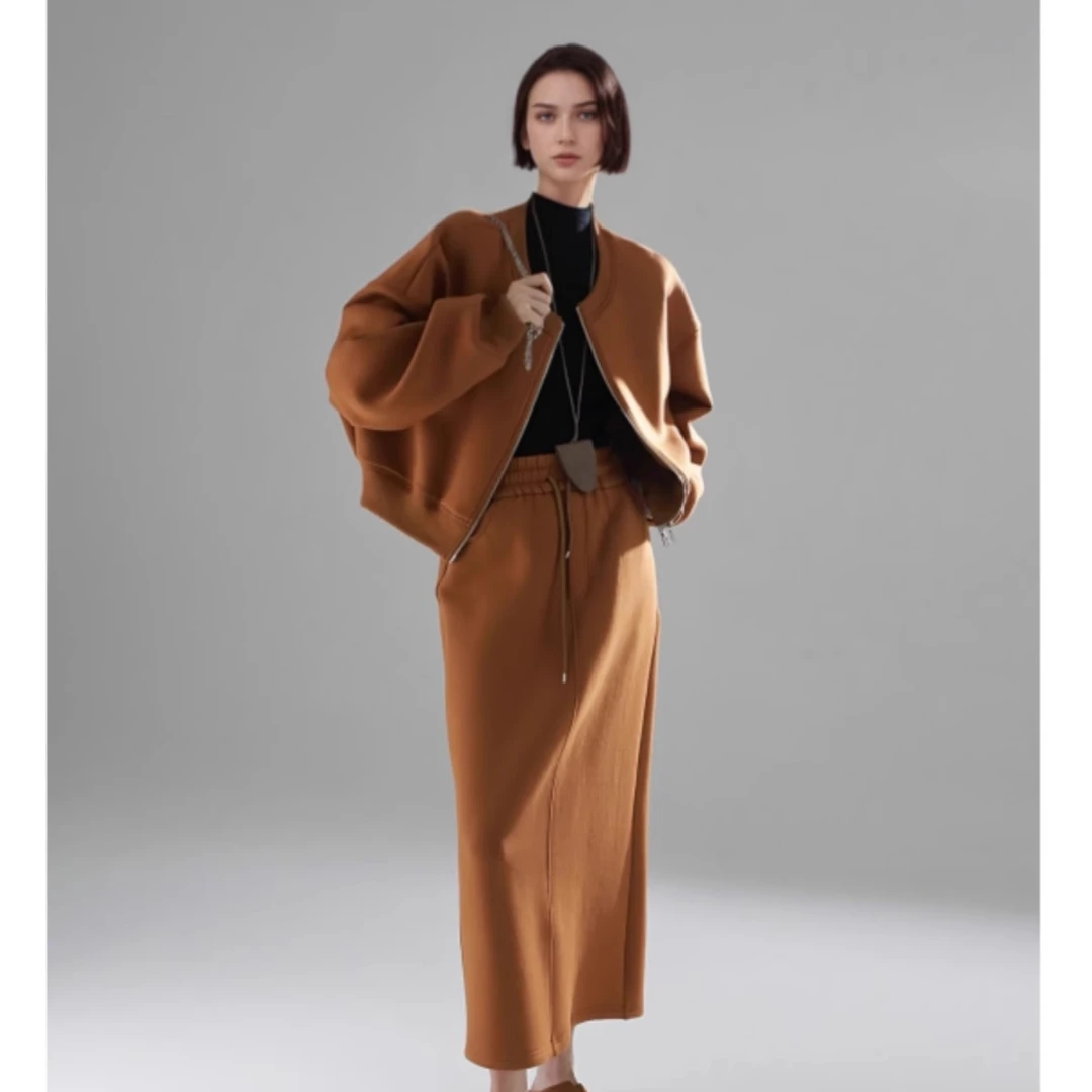 美丽定制-欧美宽松直筒卫衣半裙松紧腰抽绳运动风半身裙PI24Q055